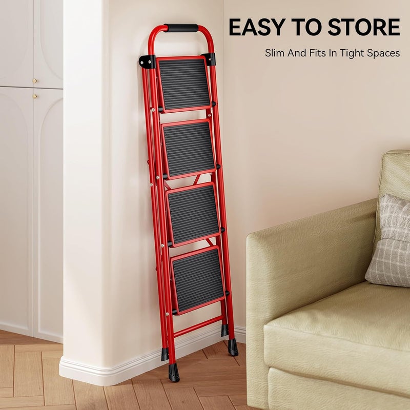 KINGRACK 4 Step Ladder, Folding Step Stool with Anti-Slip and Wide Pedal, Lightweight Stepladder with Handrails, Portable for Kitchen, Household, Red - Image 4